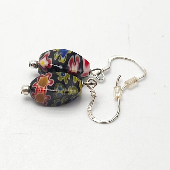 Millefiori Glass Jewelry Set Necklace Bracelet Earrings Black Multicolor Beads - Picture 2 of 7